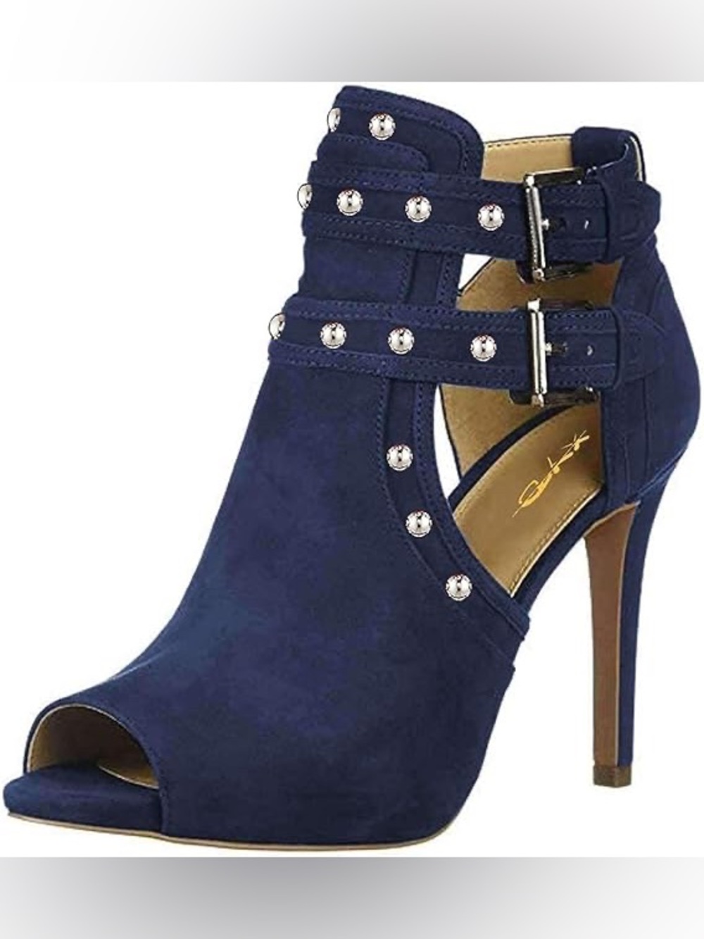 XYD Navy Suede Studded Peep-Toe Ankle Bootie with Buckle Straps